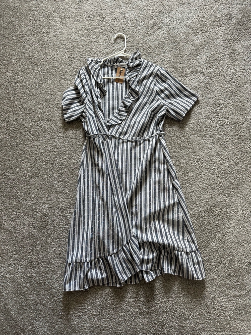 Striped Short-Sleeve Midi Dress in Navy and White